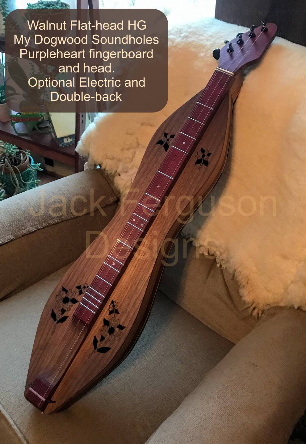 New Walnut/Purpleheart Flat-head Mountain Dulcimer, with case, Model No. 657
